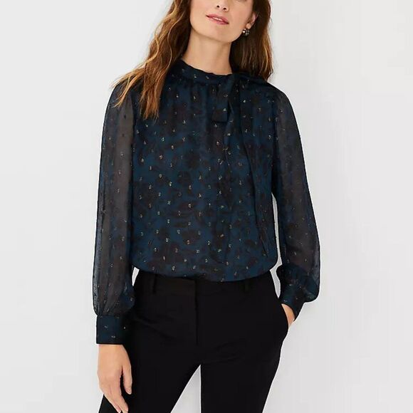Ann Taylor Floral Shimmer Clip Bow Blouse Sz XS - Picture 1 of 7
